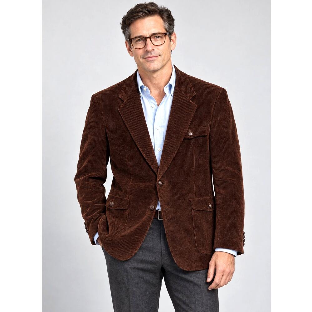 NEW! Huckberry Vintage 42R Velvet CORDUROY Blazer Leather Buttons Jacket Brown
